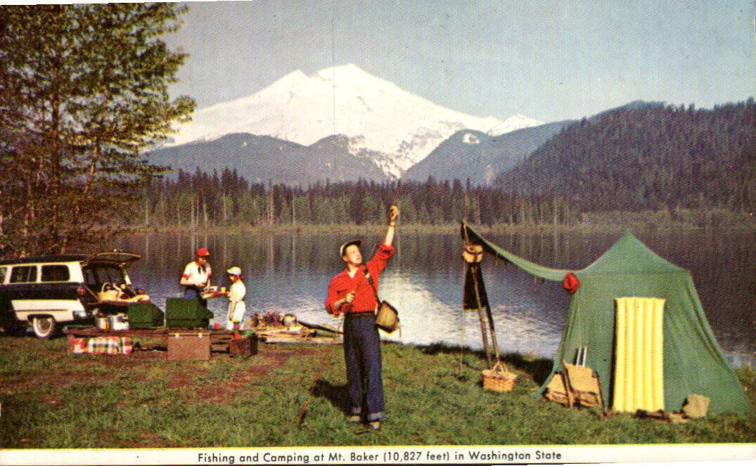 People at Mt. Baker Washington State Camping Tent Fishing Stove  Post Card #s120