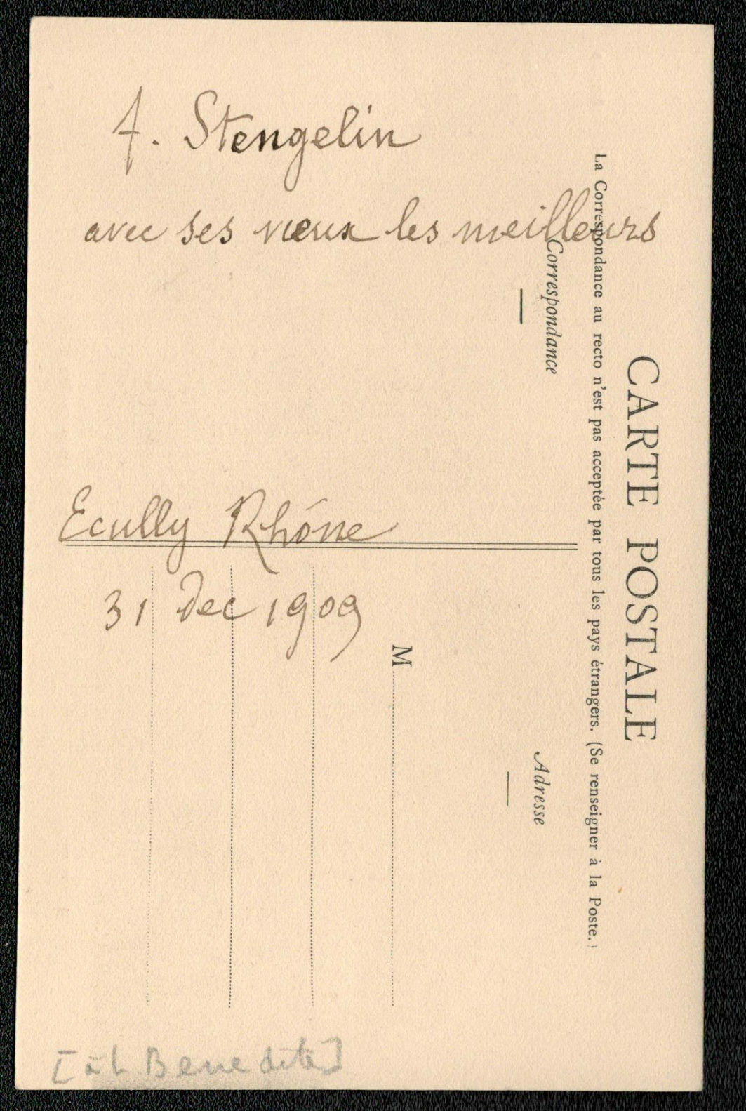 Alphonse Stengelin. Wishes addressed to Léonce Bédite. 1909