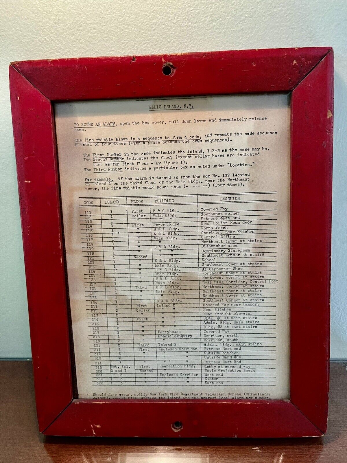 Rare Historical Ellis Island Artifact. 100 Yr Old Listing Of Fire Alarm Loc’s.
