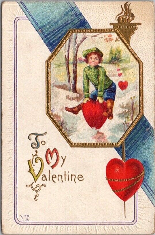 VALENTINE'S DAY Embossed Postcard Girl Jumping over Big Red Hearts / Nash V-55