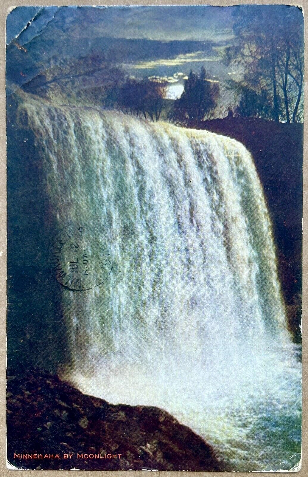 MINNEHAHA BY MOONLIGHT waterfall 1910 Vintage Postcard
