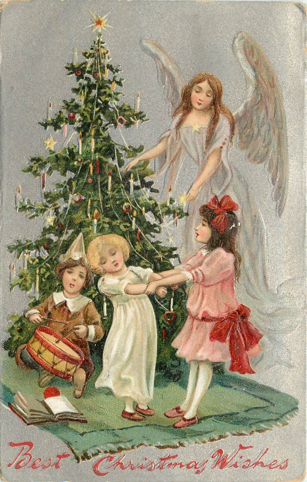 Tuck Christmas Postcard Ser. 136 Angel, Xmas Tree, Happy Children Dance & Play