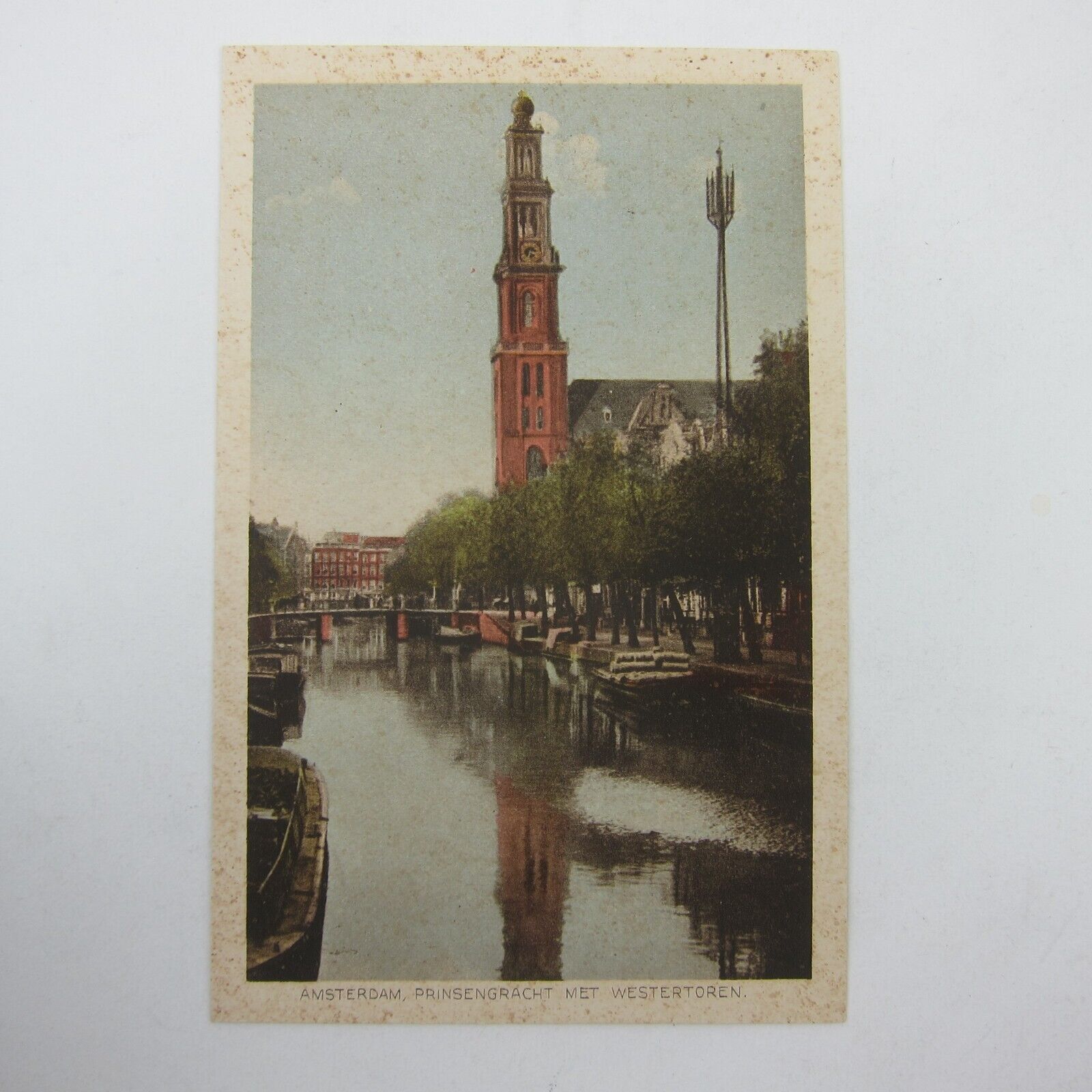 Postcard Netherlands Amsterdam Westerkerk Church Prinsengracht Canal Antique
