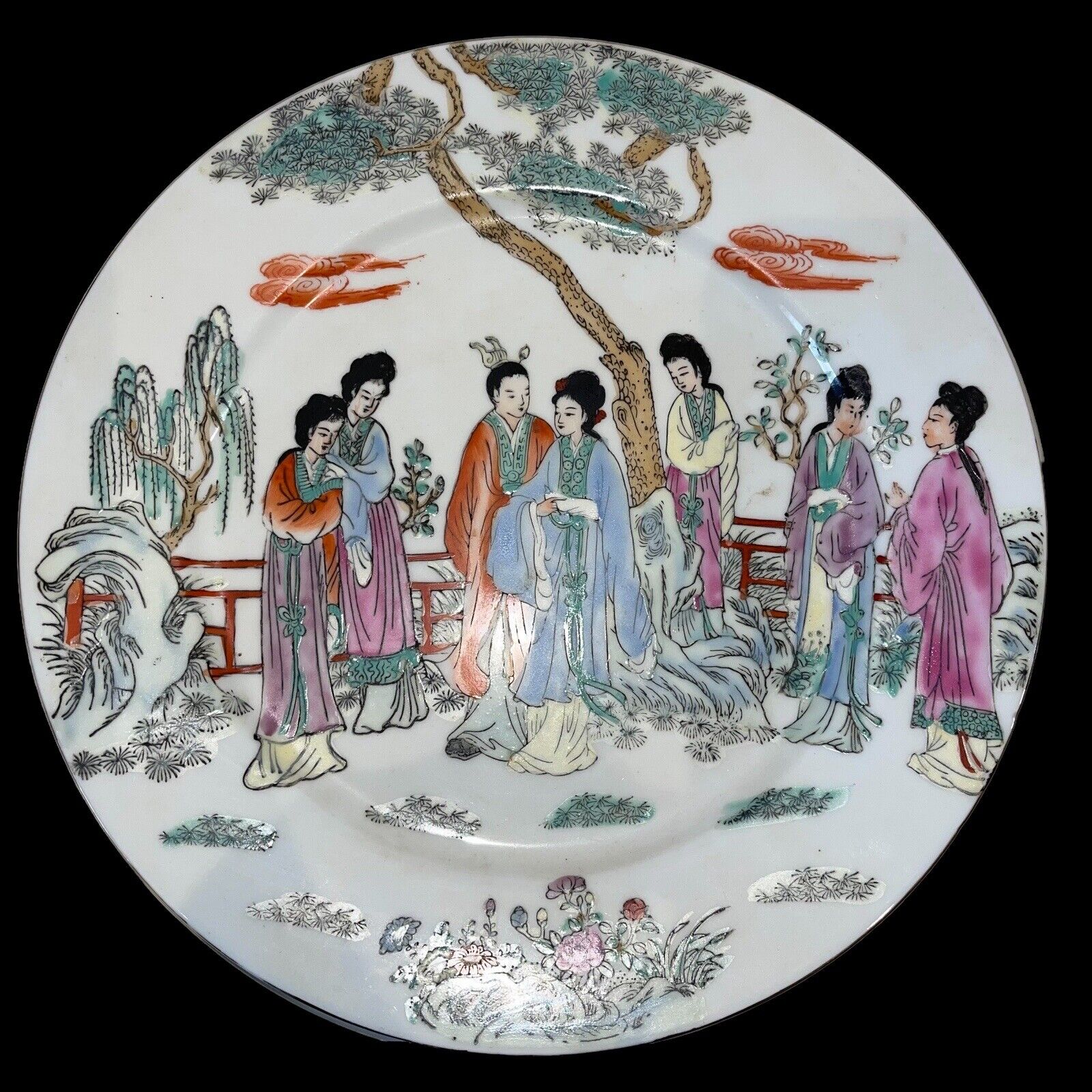 Vintage Chinese Porcelain Figural Plate Hand Painted in Hong Kong, 10” Wide