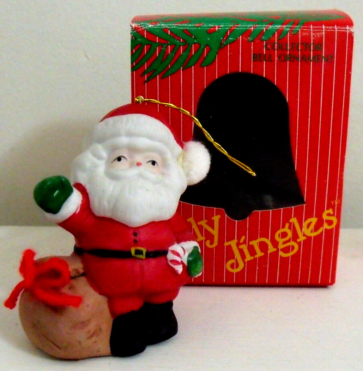 Vintage Jolly Jingles Hand Painted Porcelain SANTA Bell Ornament Christmas w Box
