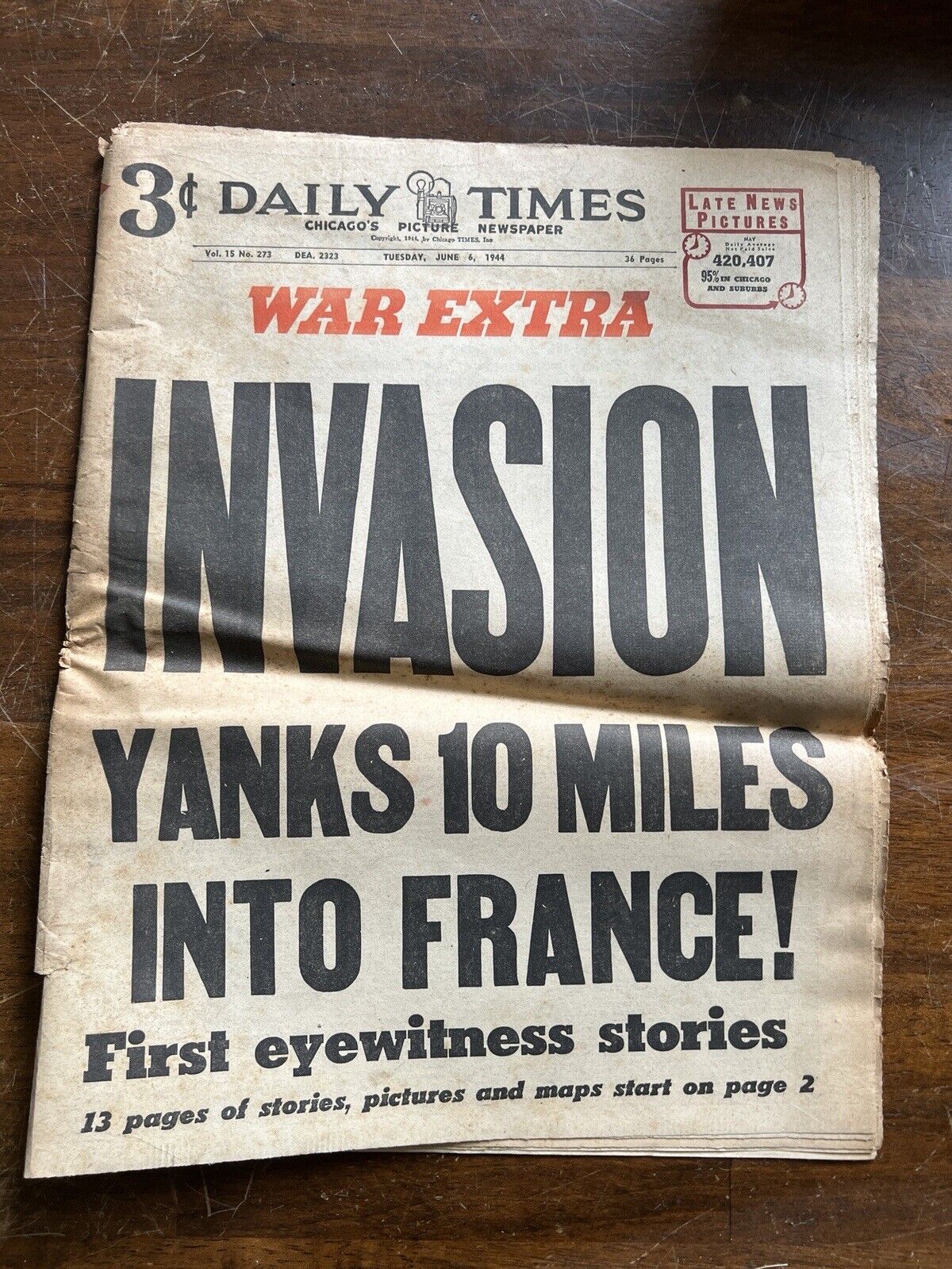 Chicago Daily Newspaper JUNE 6 1944 Original D-DAY WWII NORMANDY FRANCE INVASION