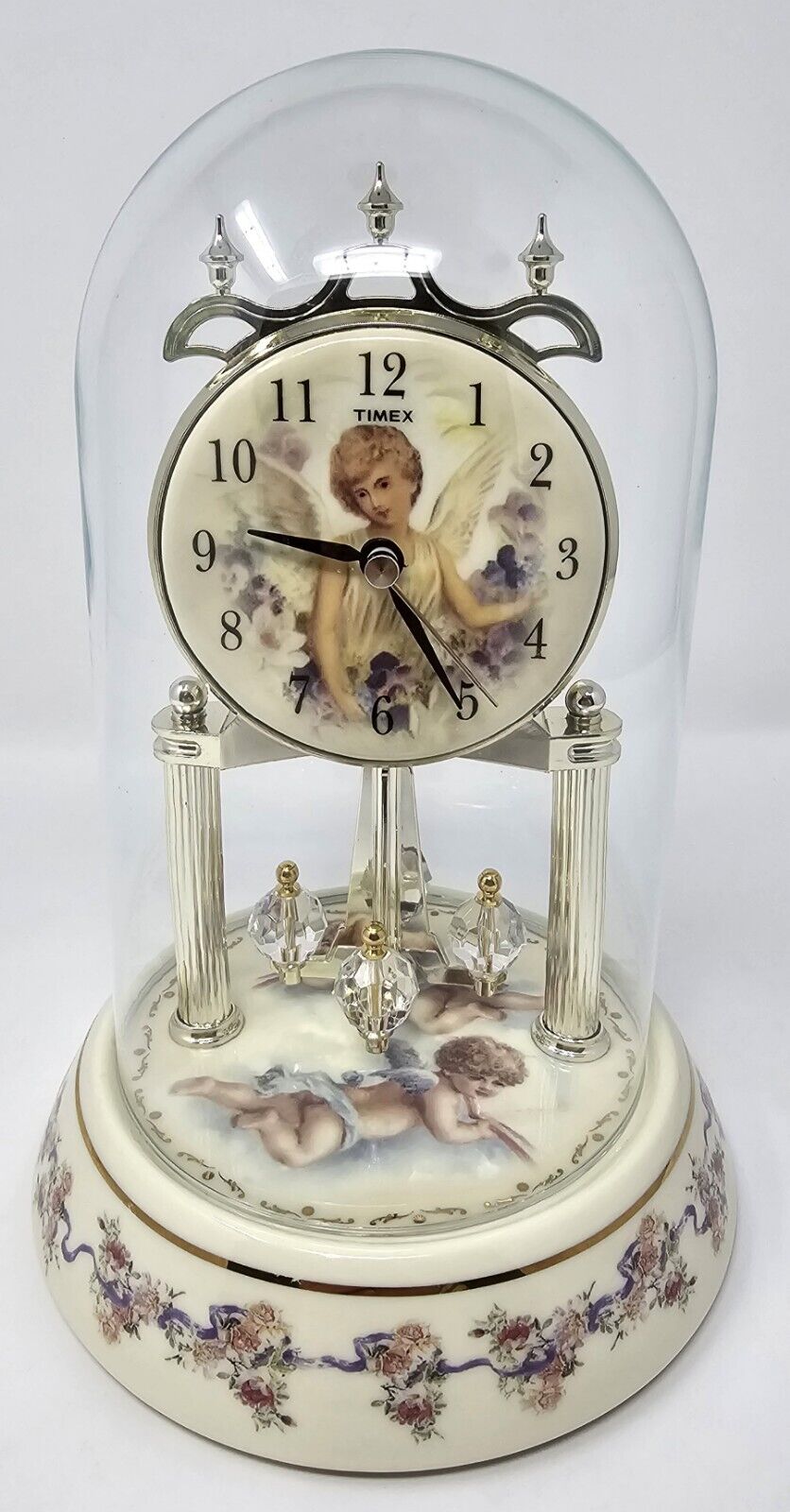 TIMEX Westminster Chime Anniversary Clock Glass Dome Angels Pink Floral Untested