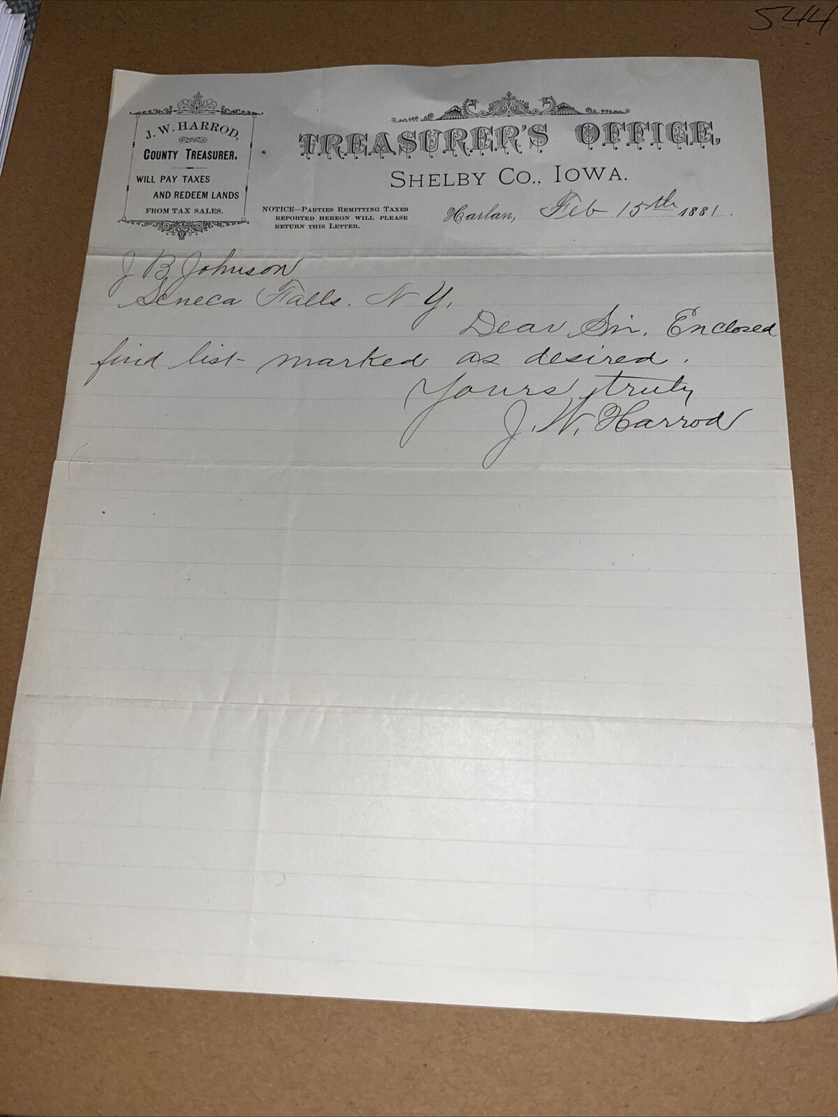 1881 Antique Letterhead: Shelby County Iowa IA Treasurer Office J W Harrod