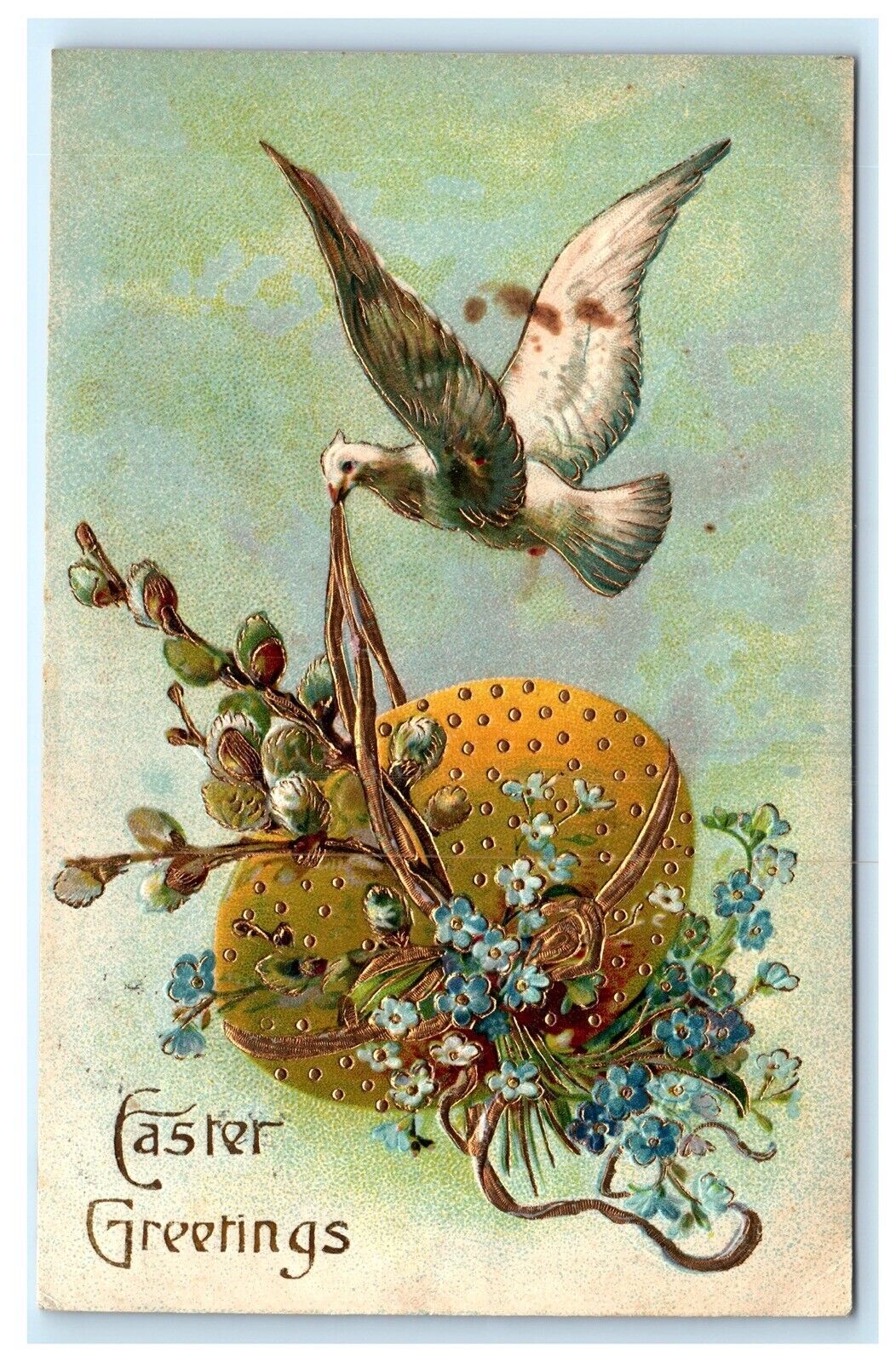 Embossed Postcard Dove Carrying Golden Egg & Flowers D1