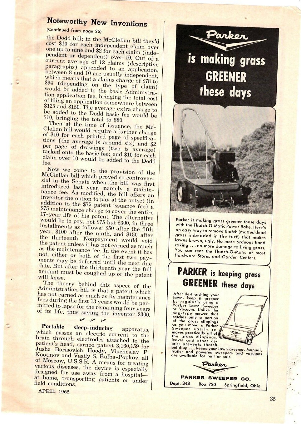 1965 Print Ad Parker is Making grass greener Thatch-o-Matic Power Rake Sweeper