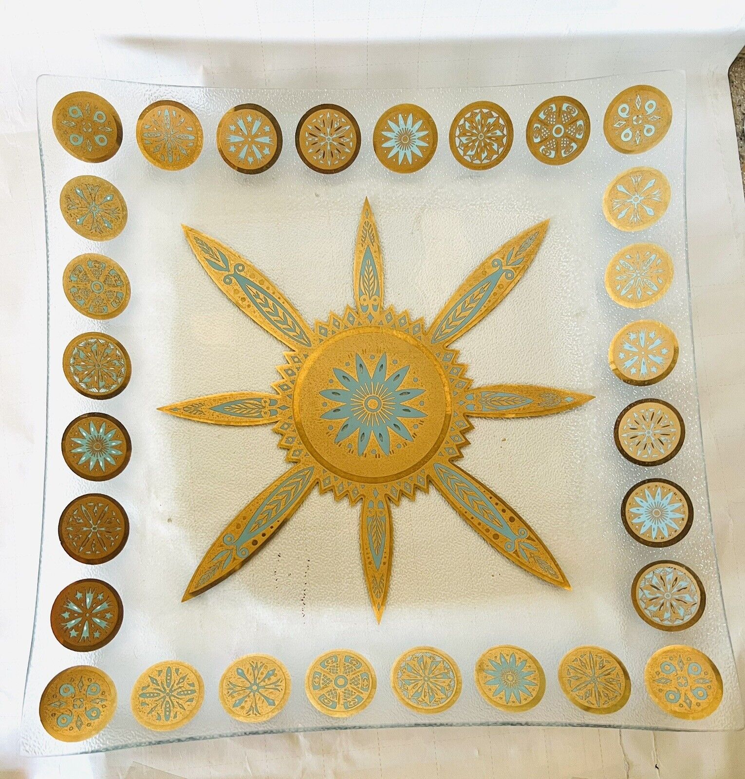 Vintage Gold & Turquoise Star Square Glass Platter 11.8”x11.8”Pristine MCM