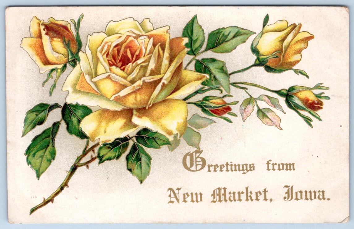 1909 ERA GREETINGS FROM NEW MARKET IOWA EMBOSSED FLOWERS ANTIQUE POSTCARD