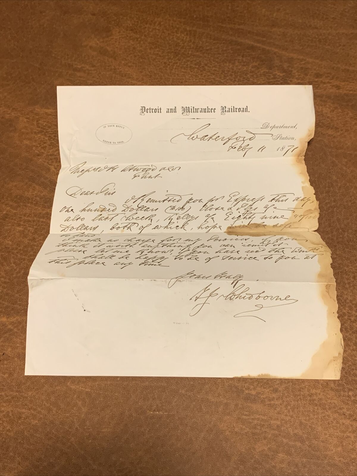 Rare - 1871 Detroit and Milwaukee Railroad Document 