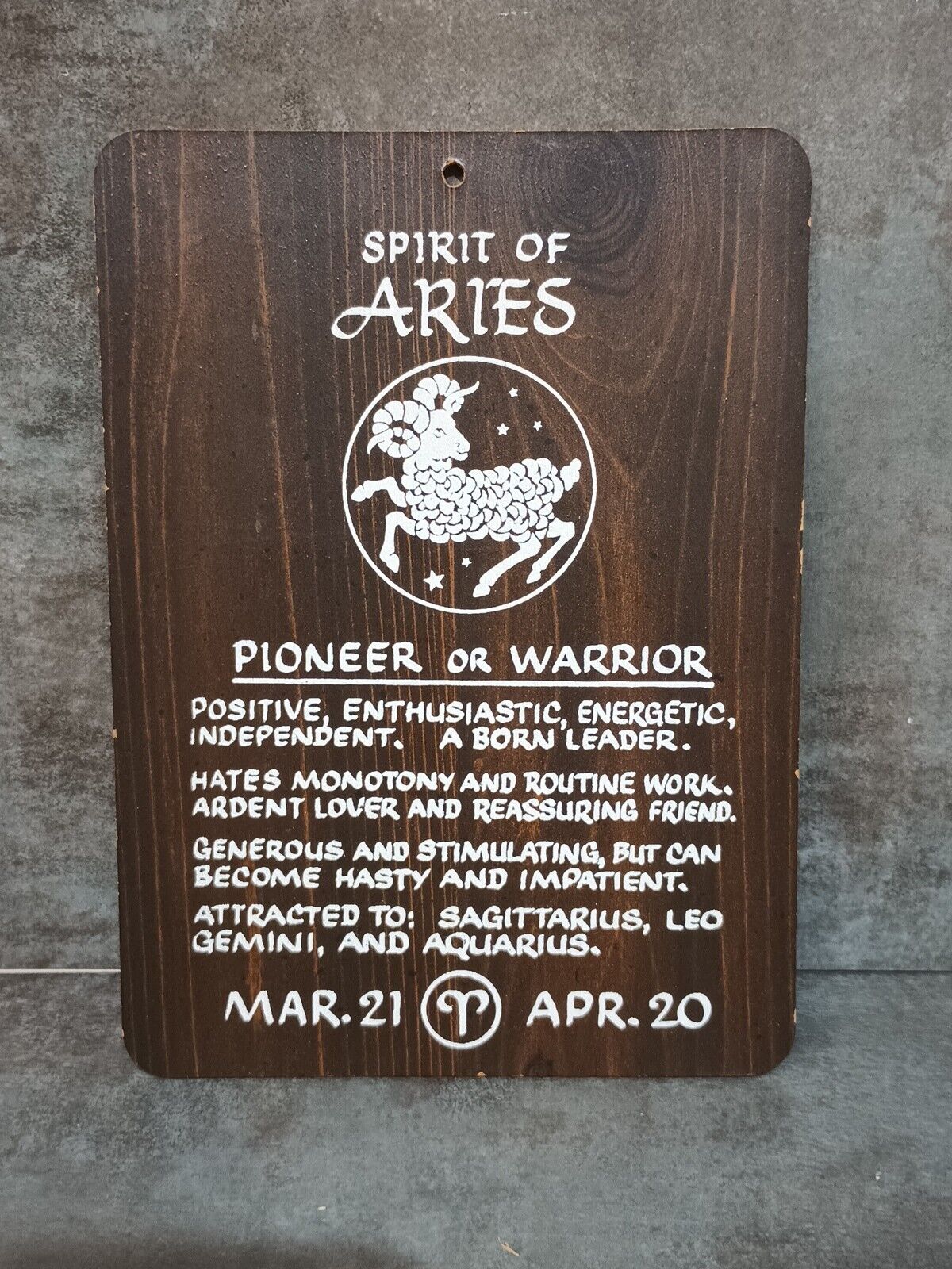 1970s Vintage Aries Astrology Sign Zodiac Celestial Wood Grain Plaque Decor 