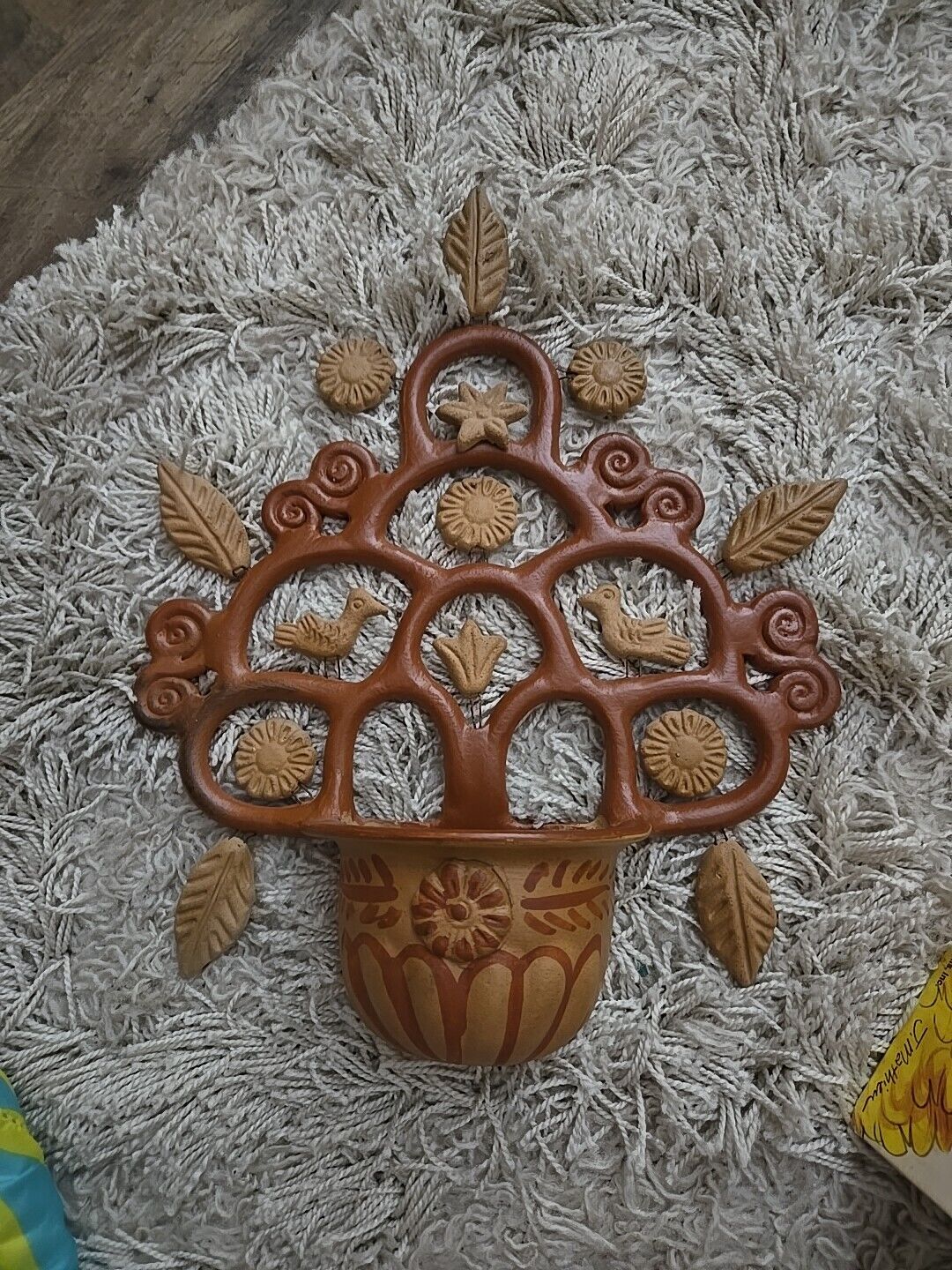 Vtg 80’s Mexican Folk Art Terra-Cotta Tree of Life Planter-No Place To Land-15”