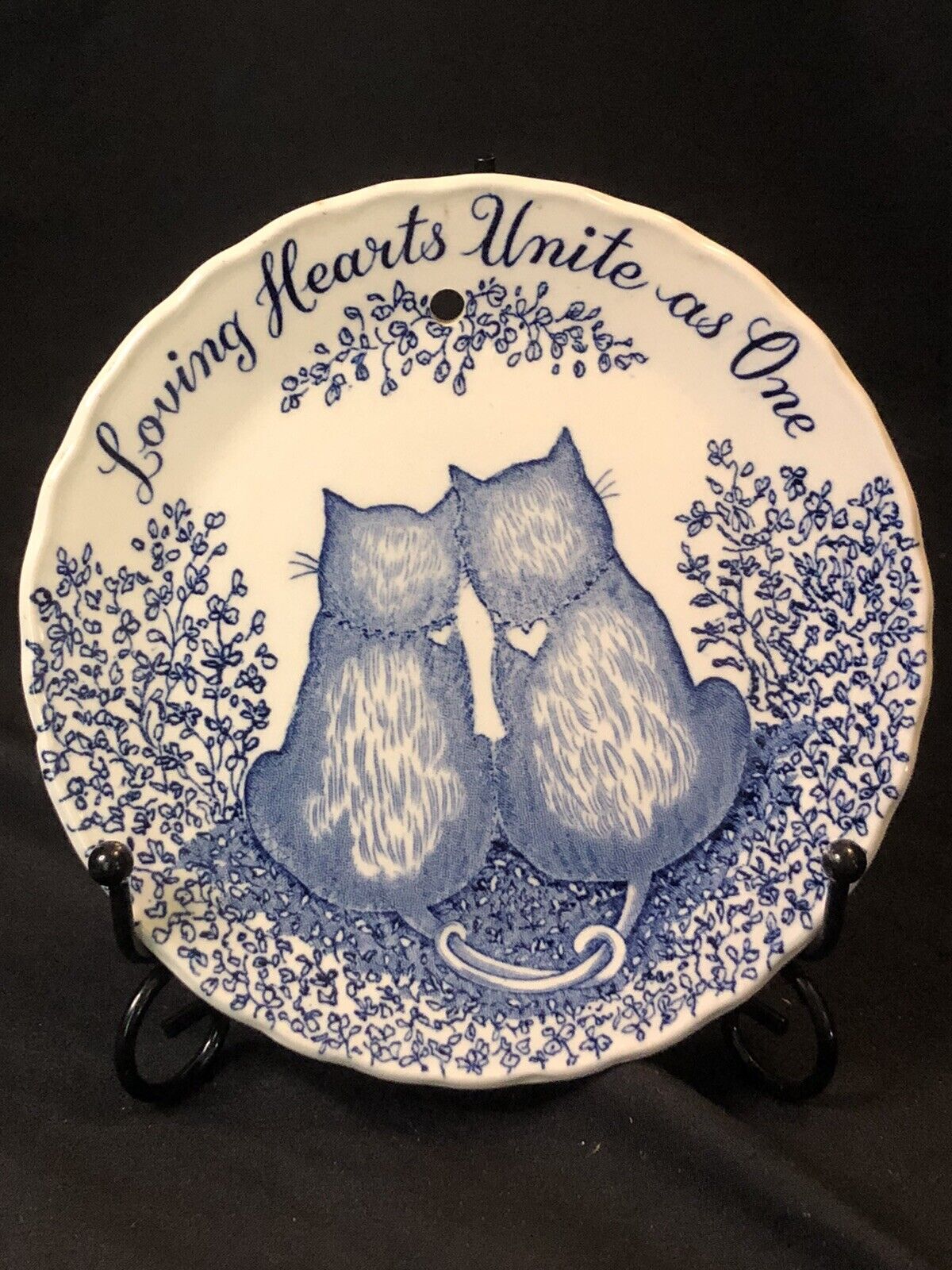 VTG Royal Crownford Ironstone Plate, Blue Entwined Cats “Loving Hearts Unite…”