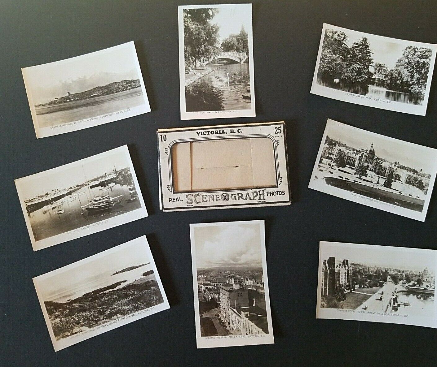Victoria, BC, Set of 7 B&W  Real Scene Graph Photos, in Postcard envelope 1940s