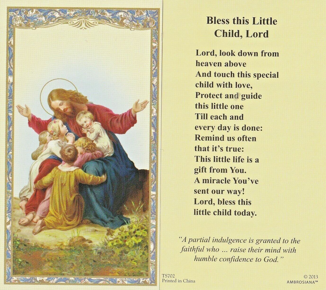 Jesus Christ with Children Laminated Holy Card w/Bless This Little Child Prayer