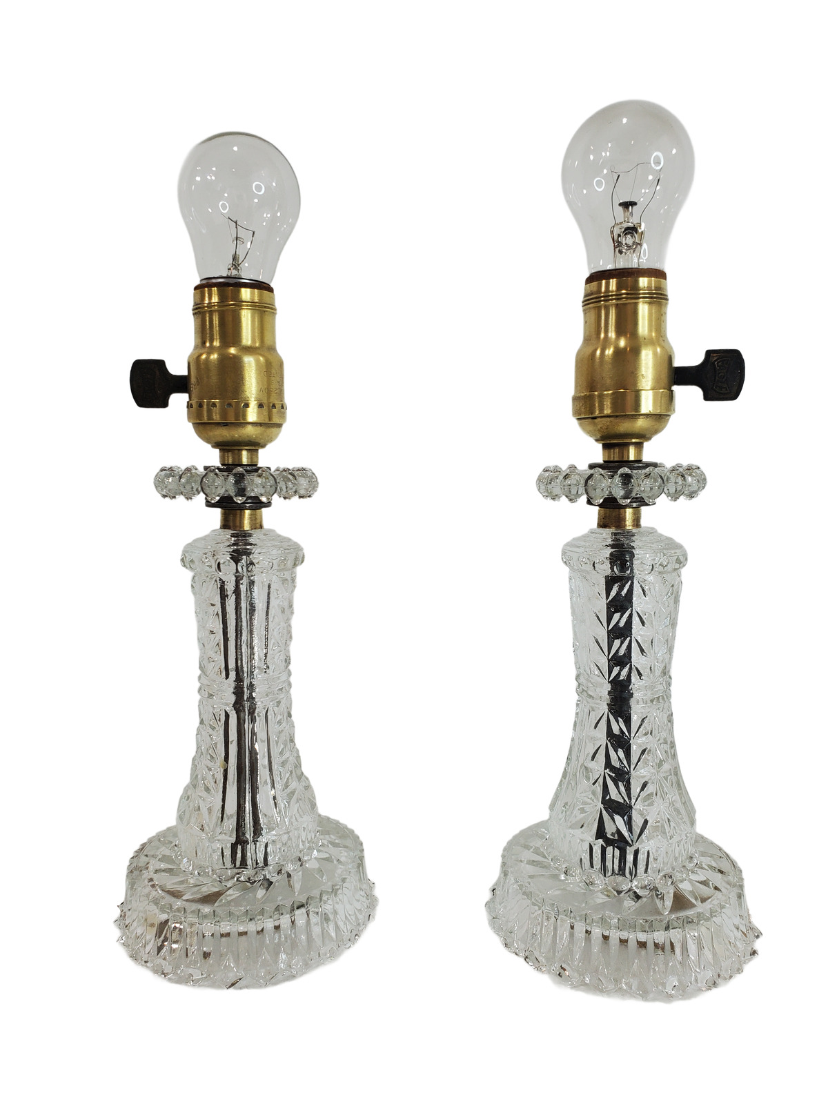 1930s Pair Art Deco Hand Blown Crystal Glass Vanity Boudoir Lamps