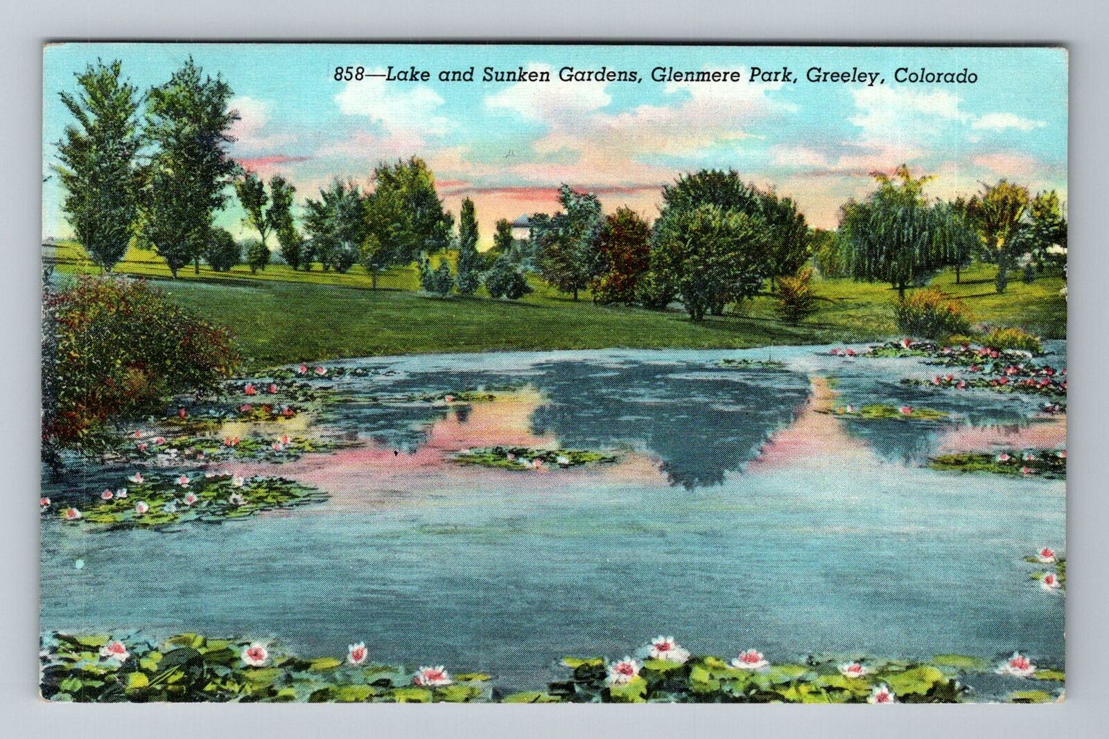 Greeley CO-Colorado Glenmere Park Lake & Sunken Gardens Vintage c1948 Postcard