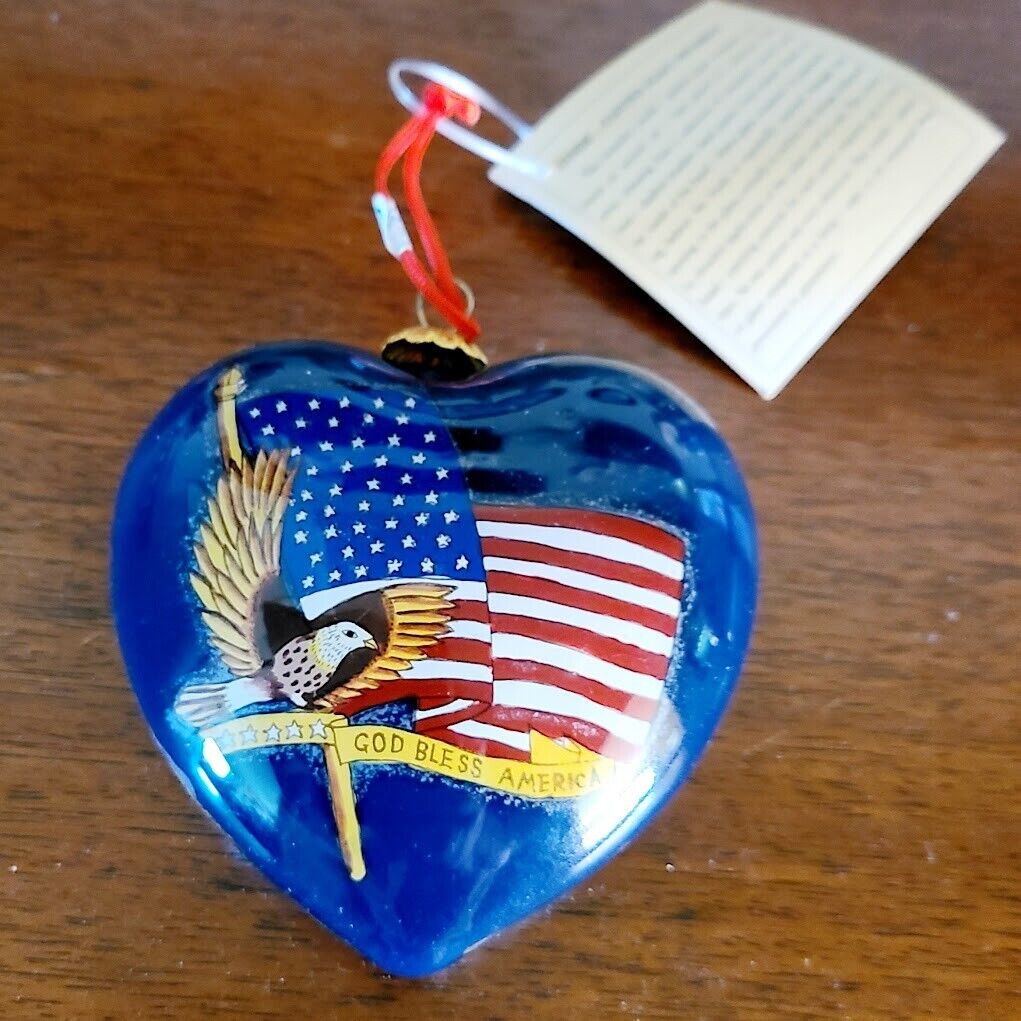 RARE Patriotic American Flag Heart Shape Hand Painted Hand Blown Glass Ornament
