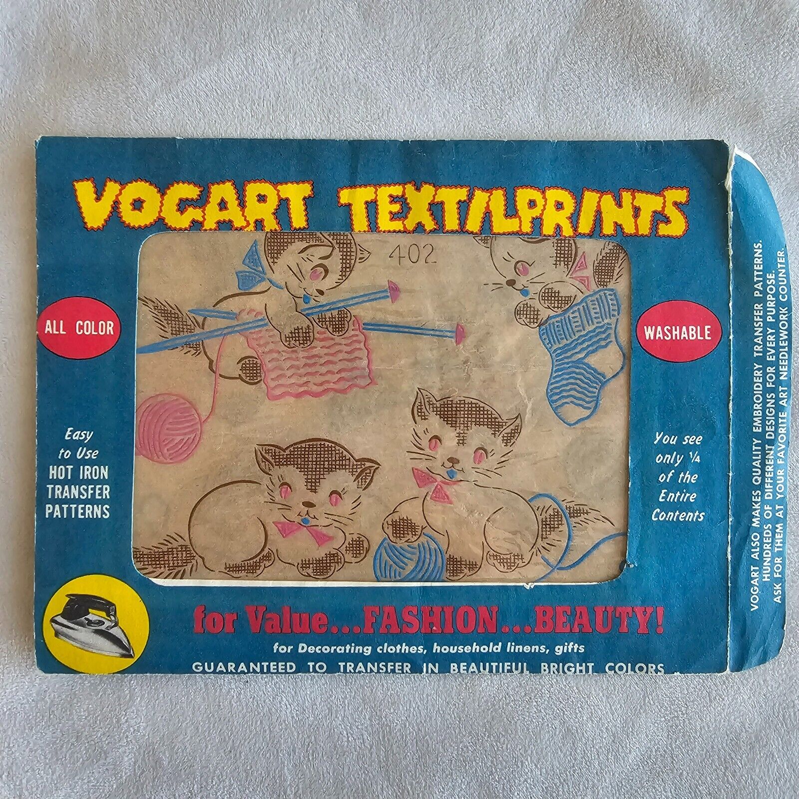 Vintage Vogart Hot Iron On Transfer Textilprints Cat Kitten Yarn Knitting