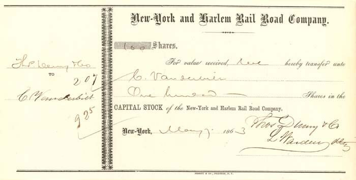 New York and Harlem Rail Road Co. issued to C. Vanderbilt - Railway Stock Certif