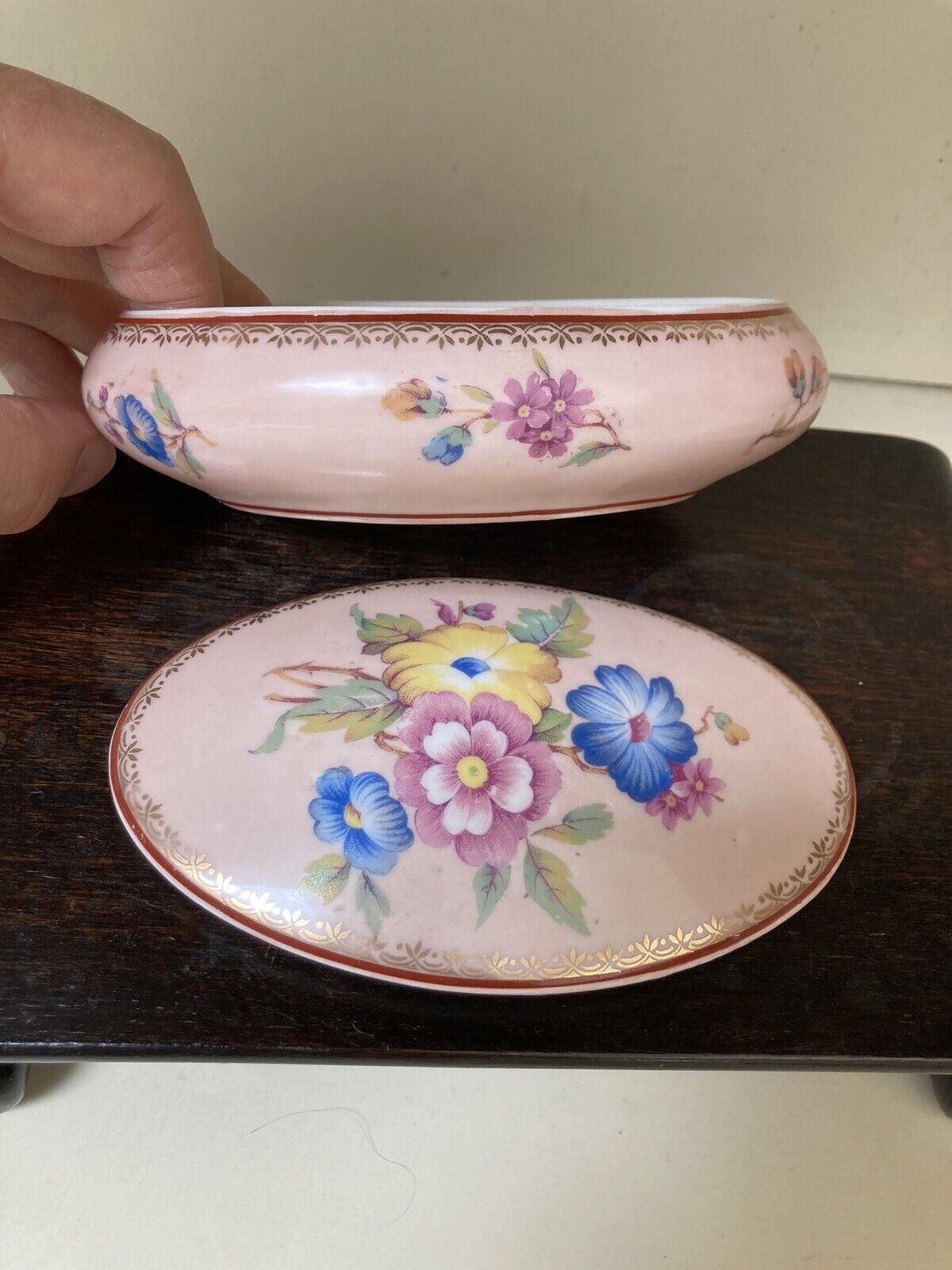Vintage  F. M. Limoges Pink Floral Wi/ Gold Gilt Porcelain Oval Trinket Box 5.5”