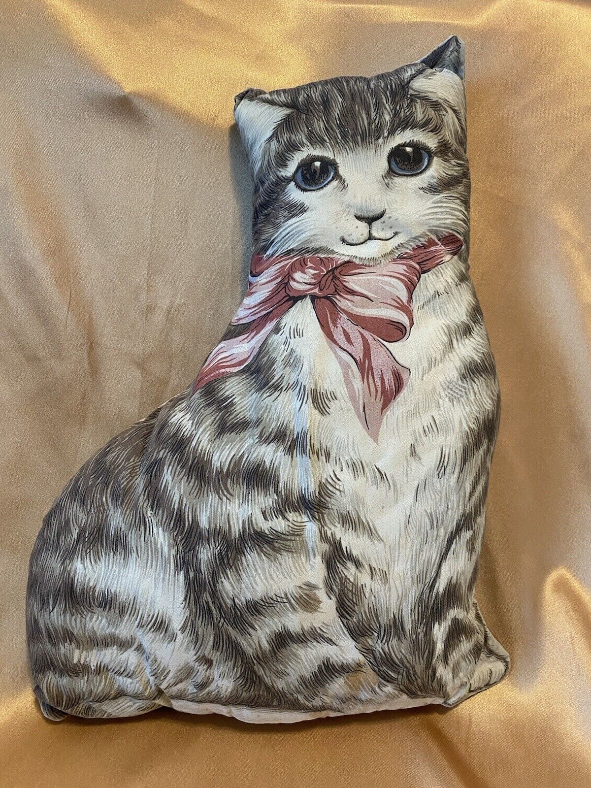 Vintage Handmade Tabby Cat Pillow with Pink Bow, 13.5”