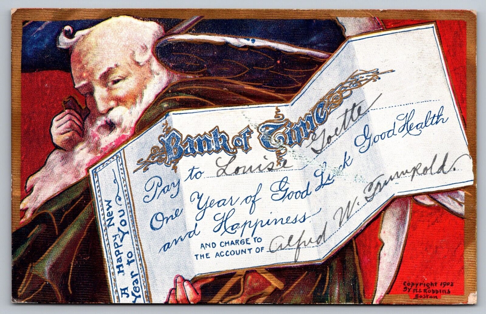 A Happy New Year to You-Father Time c1908 Antique Embossed Postcard