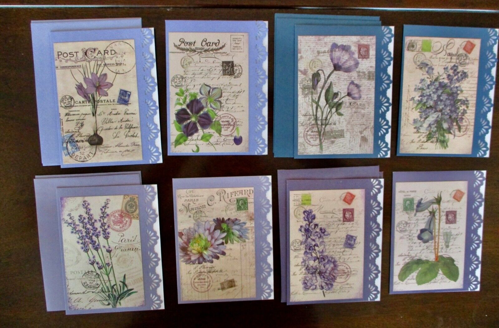 STATIONARY SET: 8 Lavender-Blue Notecards+ Envelopes Flower Vintage Ephemera