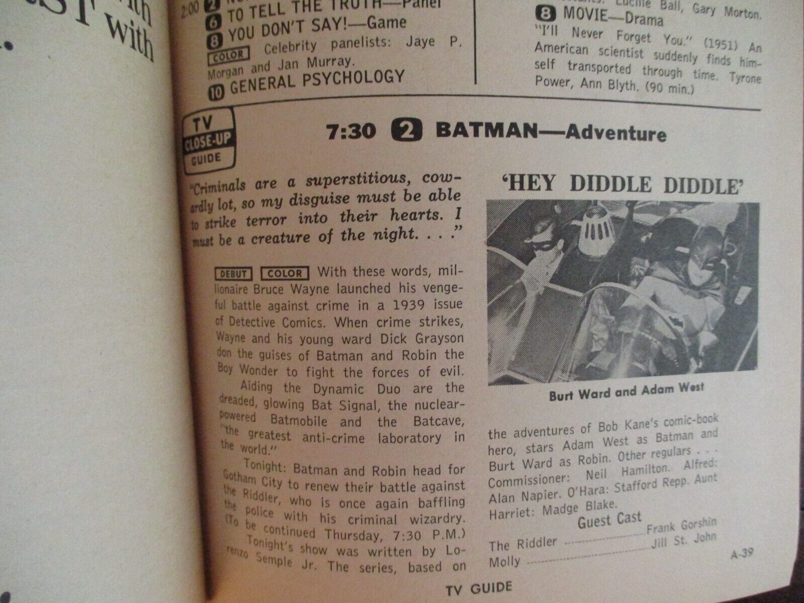 Jan-1966 TV Guide(BATMAN  DEBUT/ADAM WEST/LOLA ALBRIGHT/PETER FALK/MAGGIE PIERCE