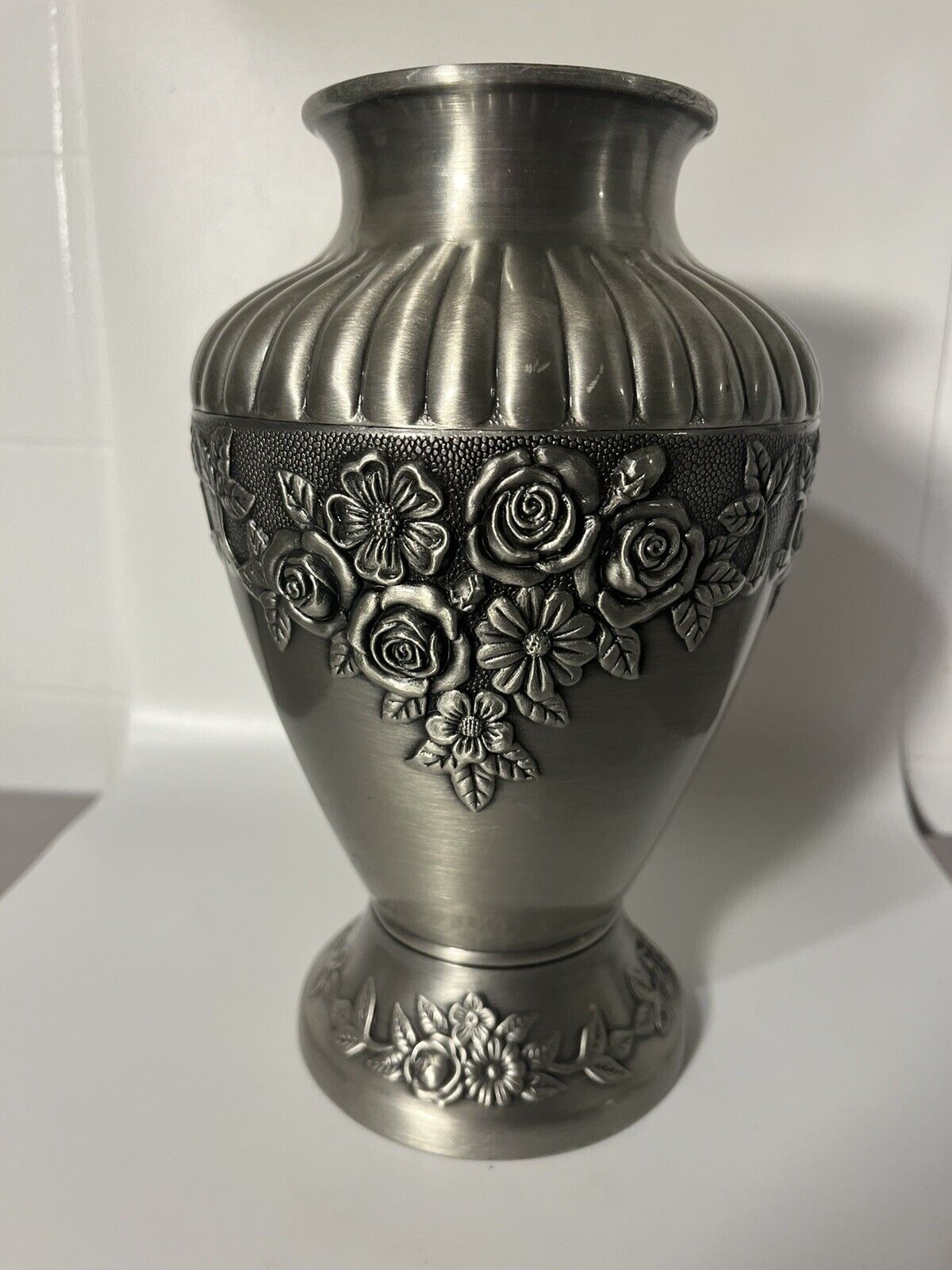 Handcrafted Floral Pewter Vase Large