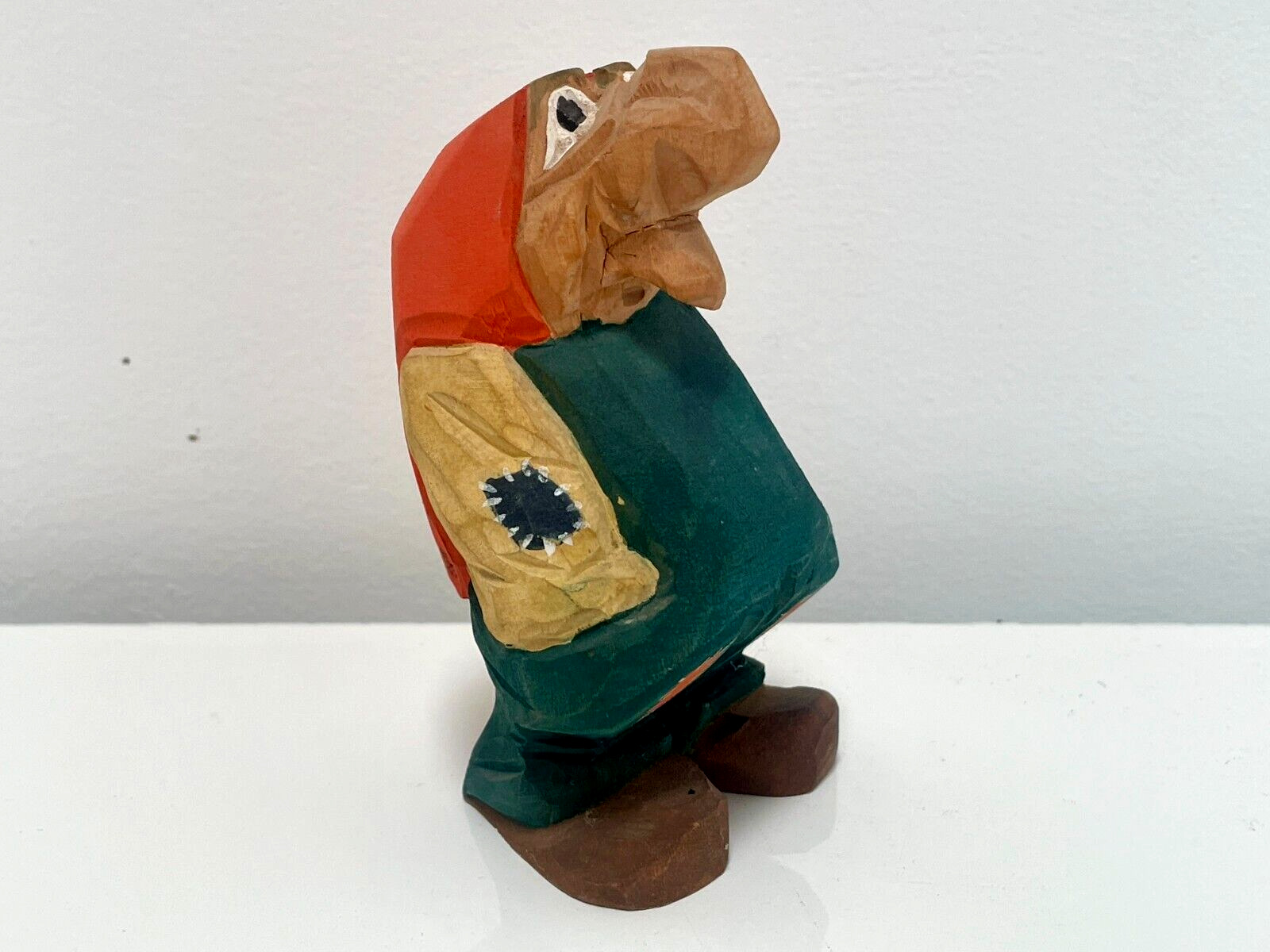 Hand Carved Norway Troll Gnome Folk Art Figurine Babushka Patches 4.25\