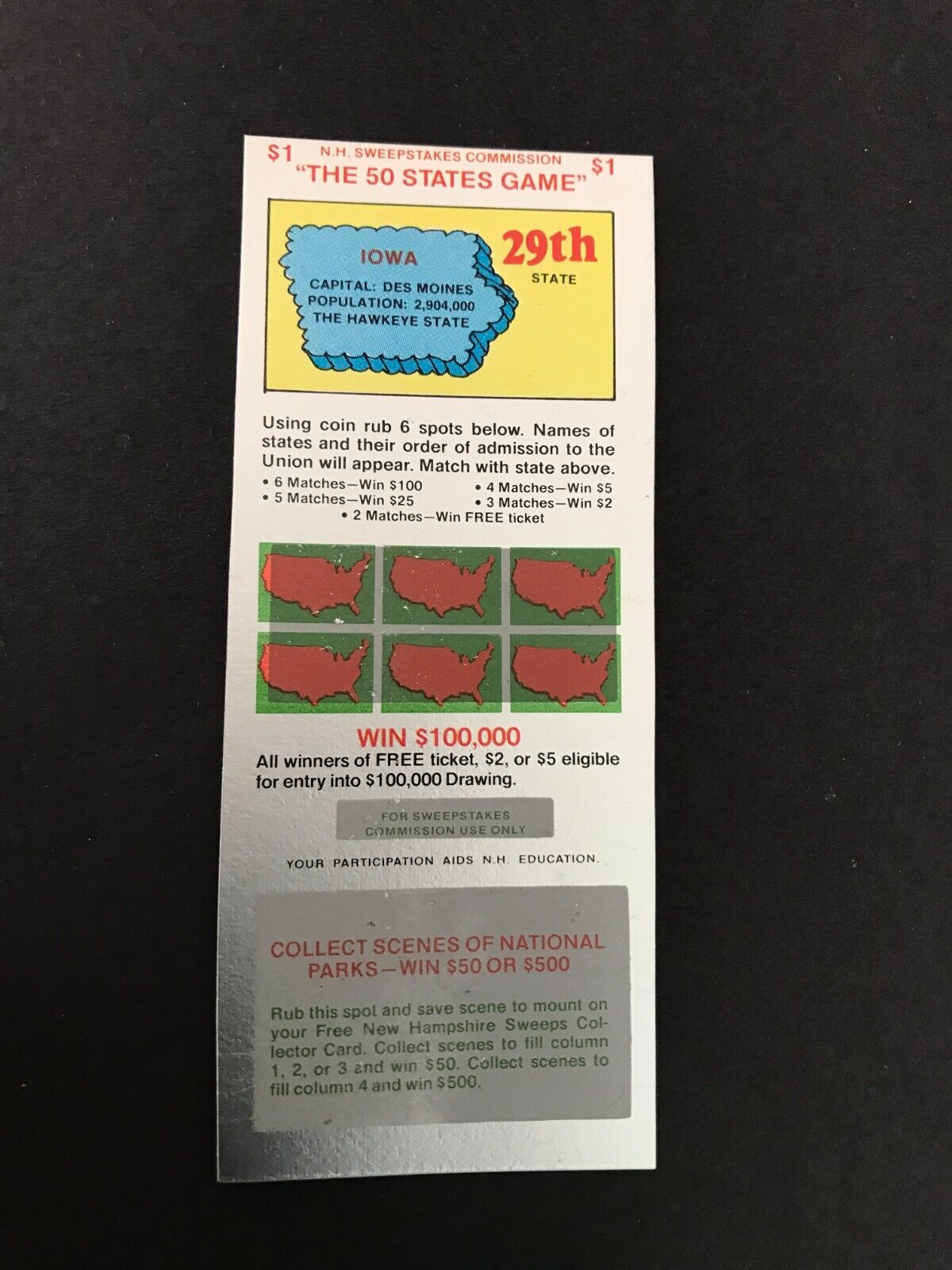 Iowa   SV Instant NH Lottery Ticket,  issued in 1977 no cash value