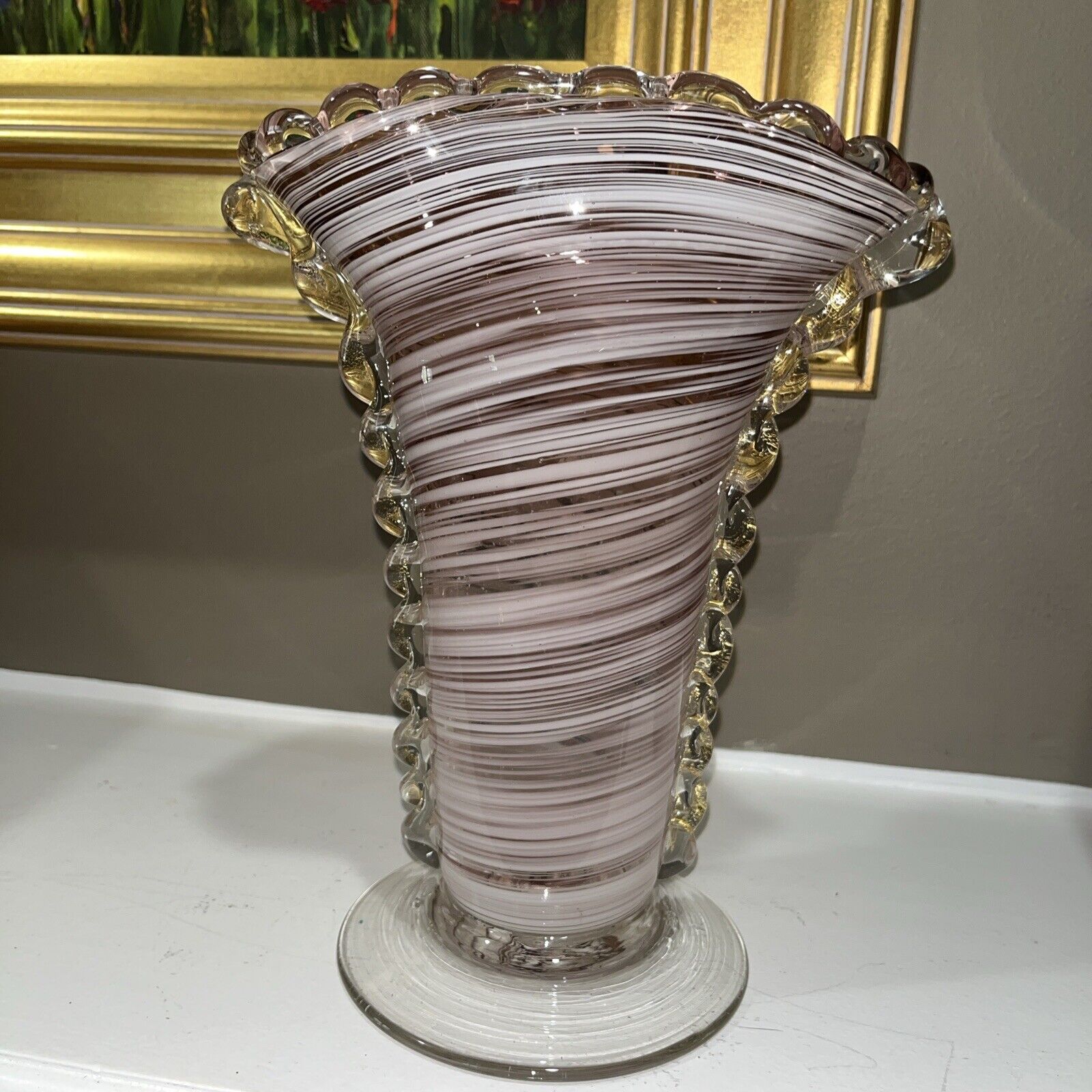 Vincent Milano, Italy, Glass Vase Vintage With Gold Rim Filled