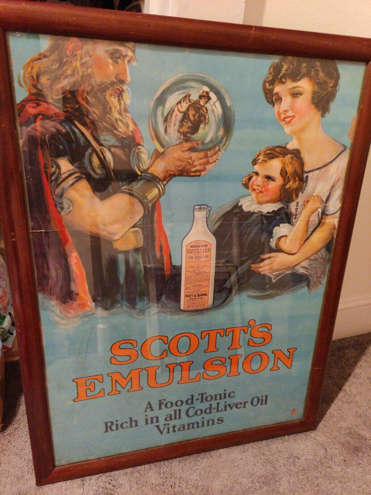 Original vintage poster SCOTT'S EMULSION HEALTH CARE FISH THOR 1926 RARE