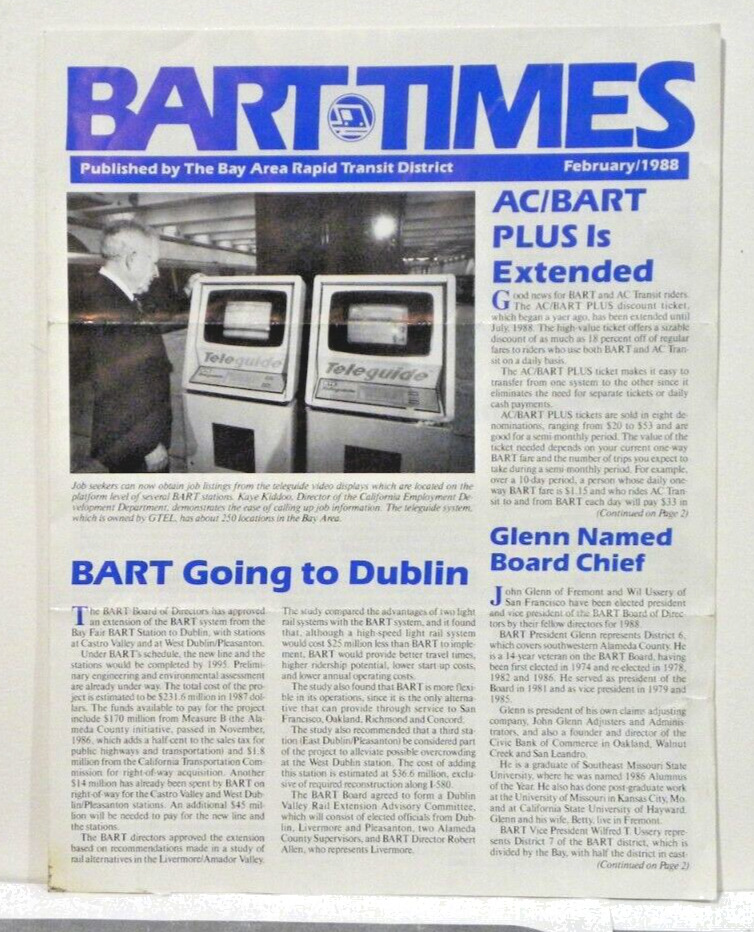 BART TIMES Newsletter - San Francisco Bay Area Rapid Transit Railroad VTG 1988