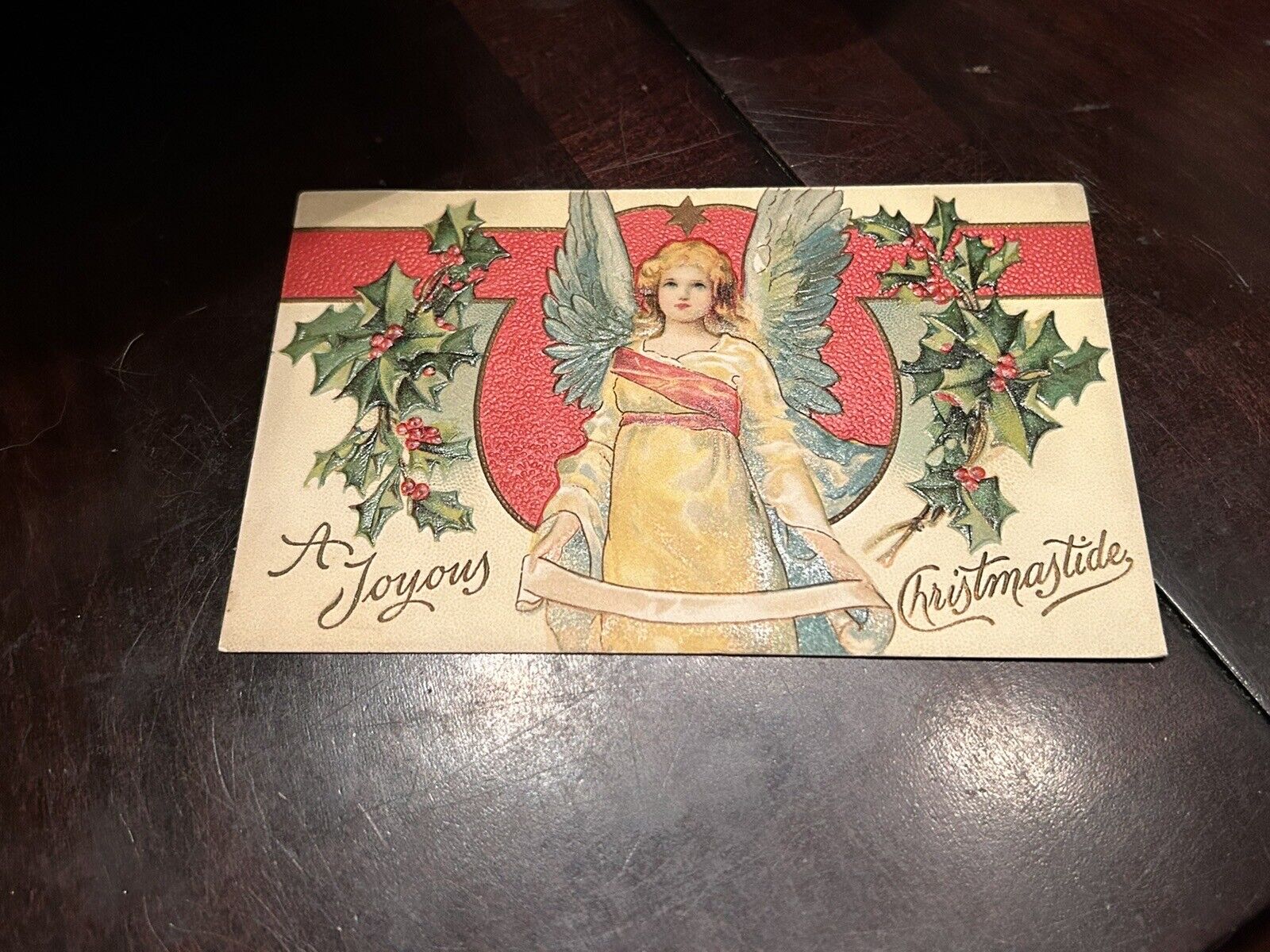Christmas Postcard Angel LARGE Blue Wings  Holly Boughs.  Great Colors