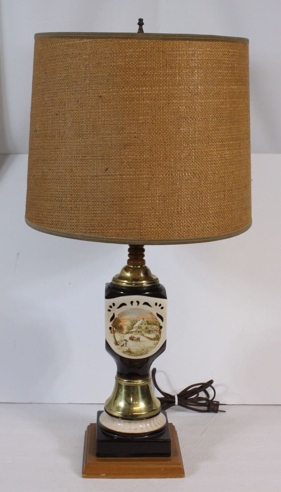 Vtg Currier & Ives Lamp Table 4 Home Scenes Ceramic Homestead With Shade Works