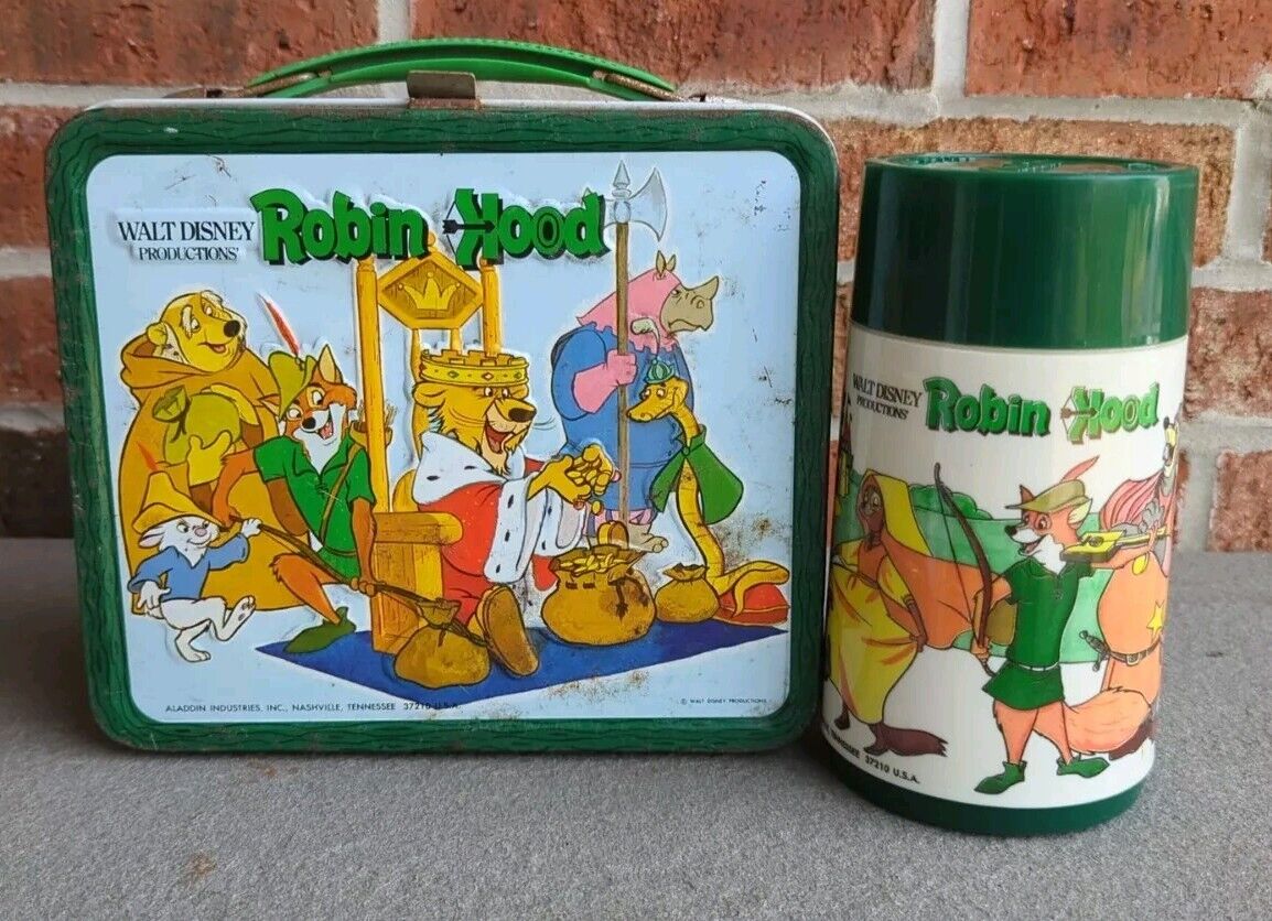 Vintage Aladdin Walt Dinsney Production\'s Robin Hood Lunch Box W/ Thermos 1973