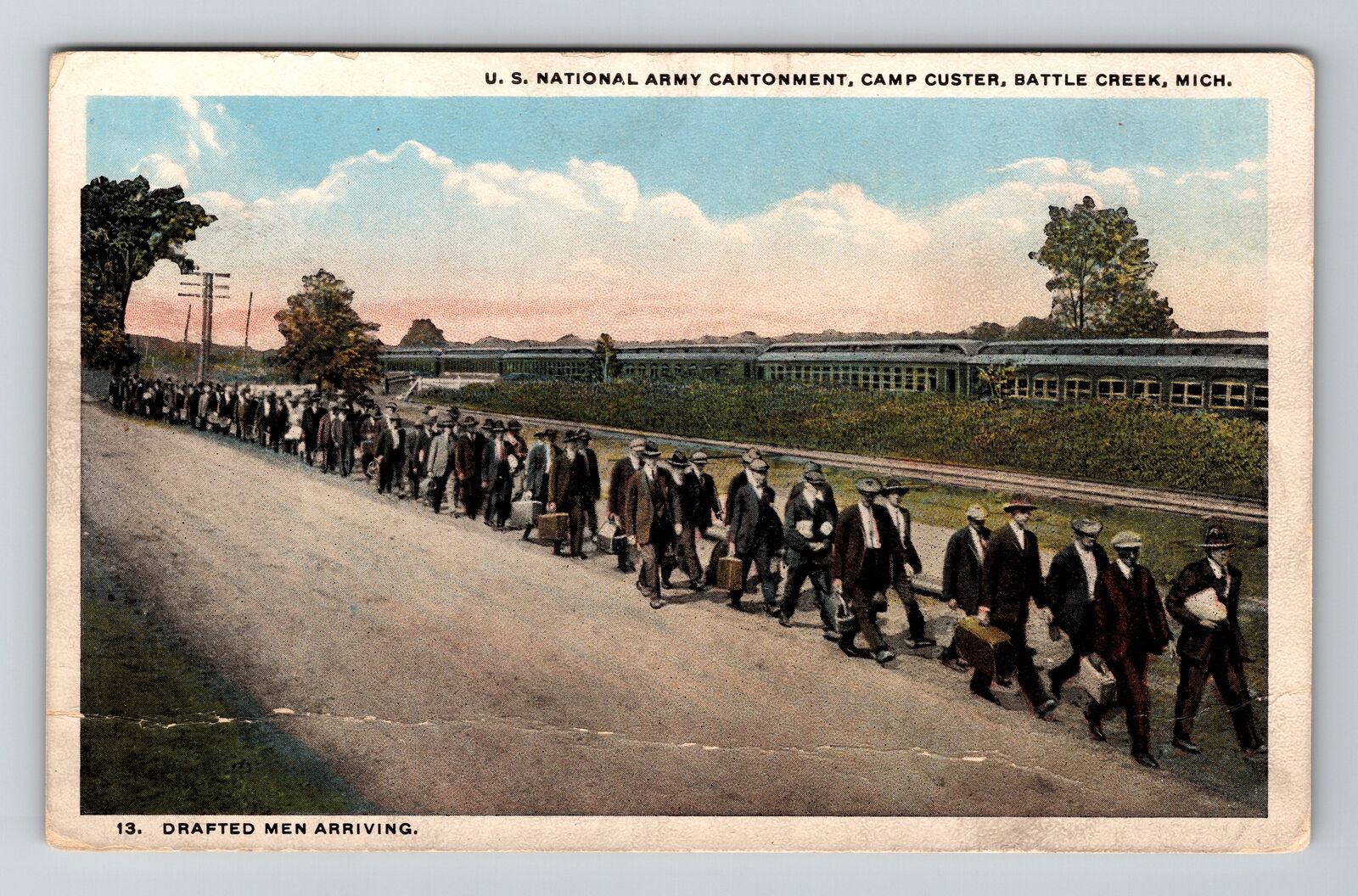 Battle Creek MI-Michigan, Drafted Men Arriving, Camp Custer, Vintage Postcard