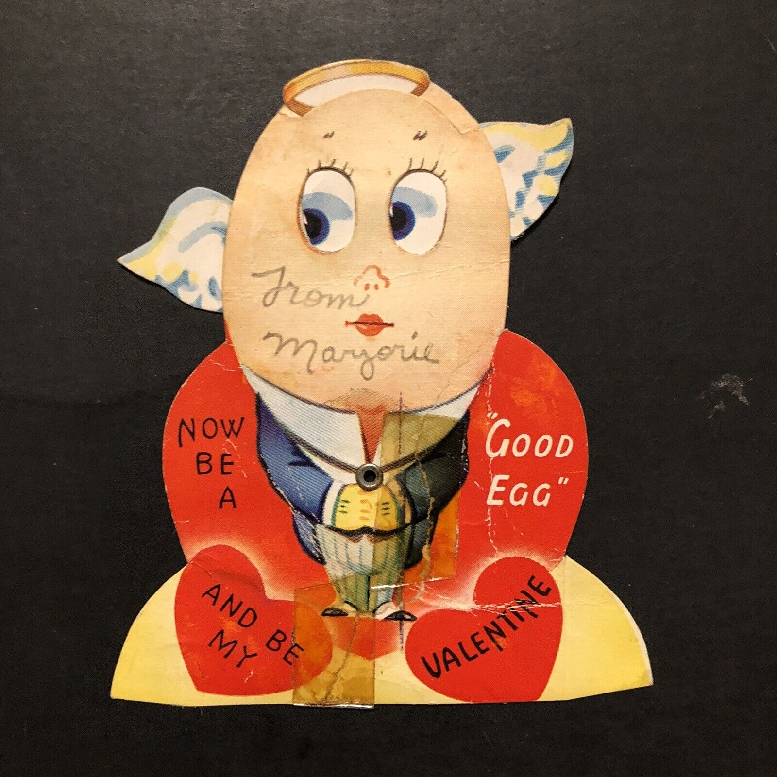 Vintage Valentine Card Adorable Anthropomorphic Egg-head W/Wings Glue On Back