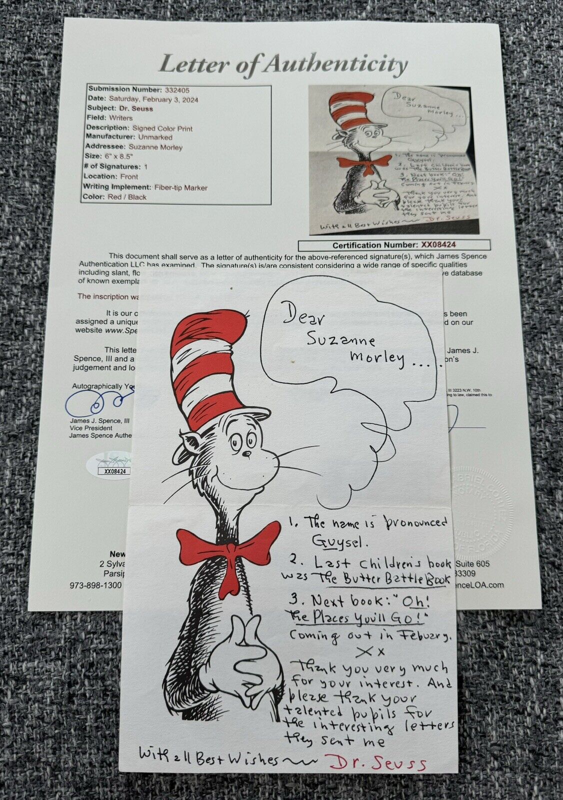 Dr. Seuss Signed Cat In The Hat Print JSA LOA Amazing Inscriptions Author RARE 