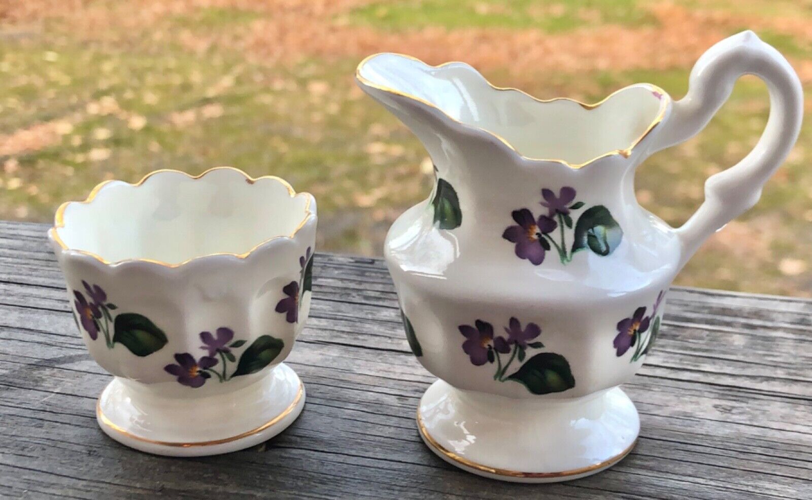 Set of Healacraft Bone China Violets Tiny Sugar Bowl and Creamer Made in England