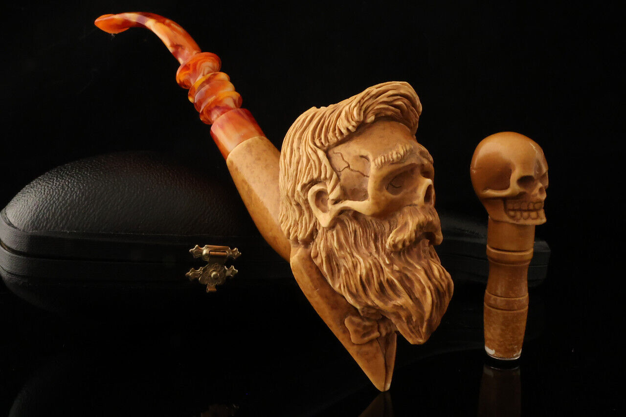 srv - Victorian Skull with Beard Block Meerschaum Pipe withcase and tamper 15304
