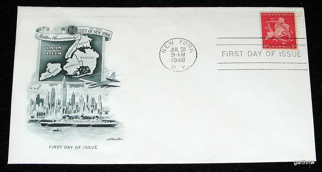 CITY OF NEW YORK 50TH ANNIVERSARY 1948 FIRST DAY COVER BOROUGH MAP & SKYLINE ART