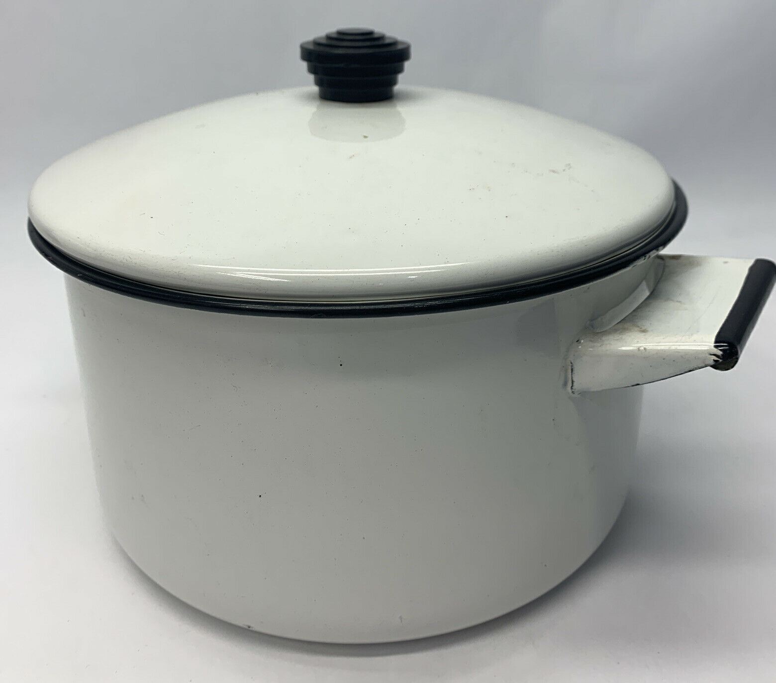 Vintage Enamel Pot White with Black Trim and Handles W / Top