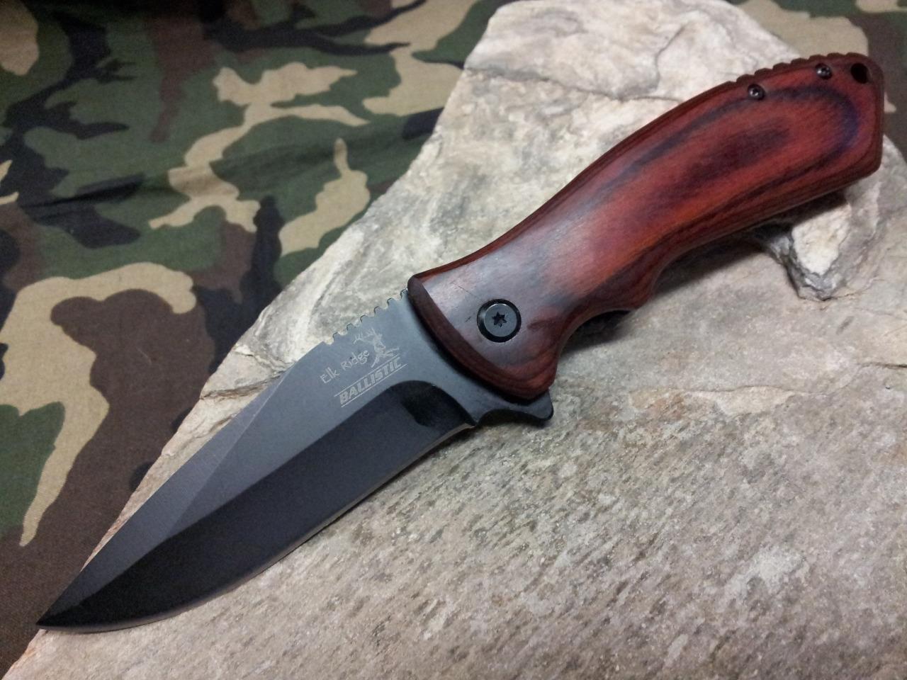 Elk Ridge A/O Spring Assisted Brown Wood Black Folding Pocket Knife A002PW