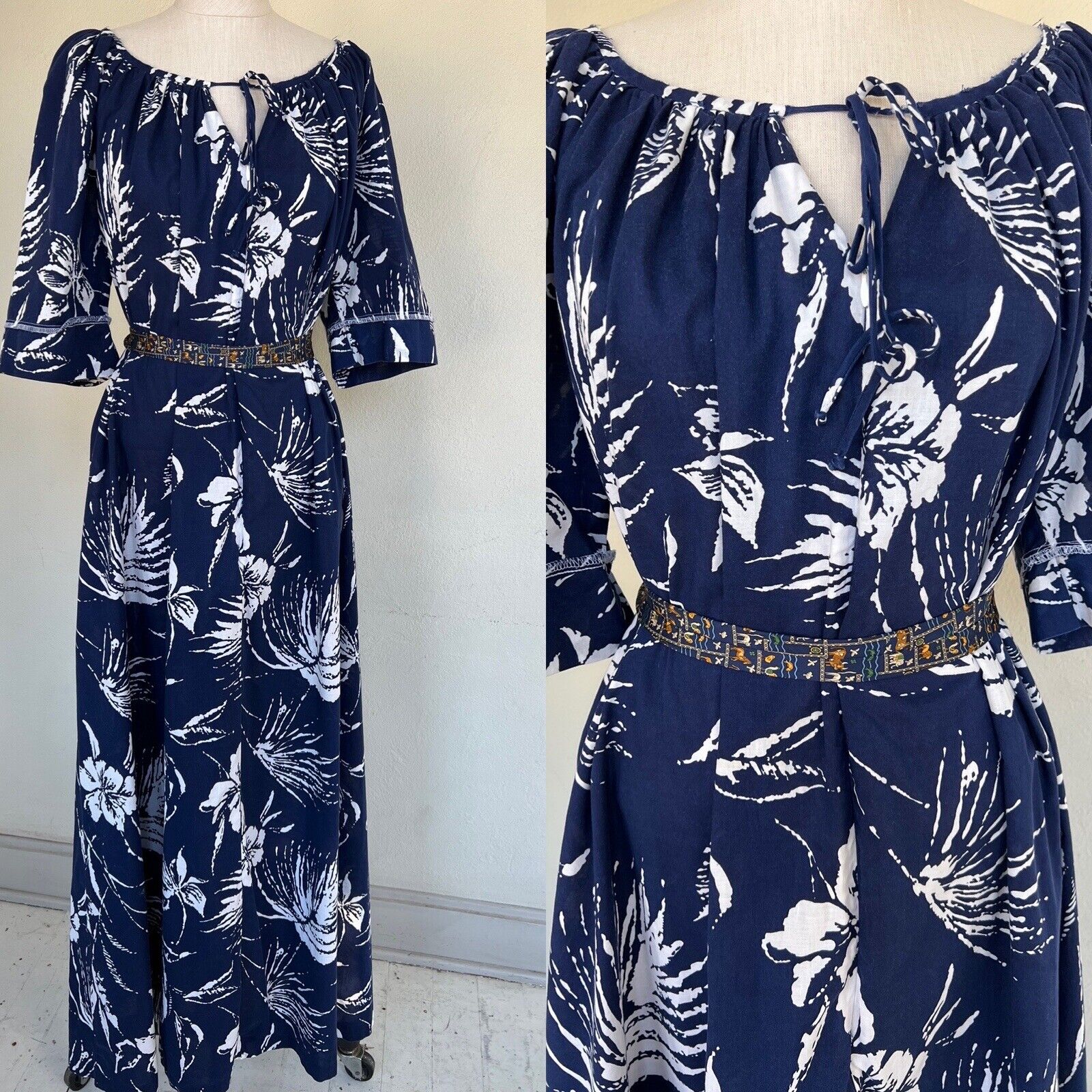 VTG 1960\'s David Brown CA Blue Hibiscus Flowers Cotton Kaftan Tunic Dress XL XXL